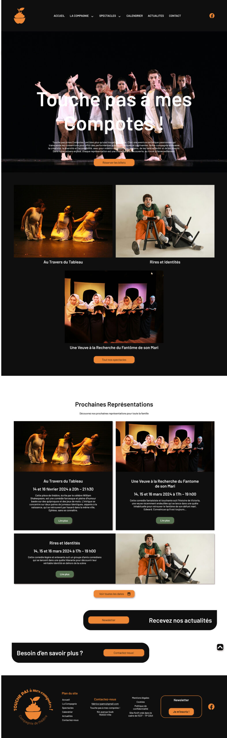 Maquette desktop du site WordPress « Touche pas à mes Compotes », présentant la page d’accueil avec le visuel du spectacle, les spectacles mis en avant et les prochaines représentations.