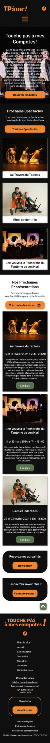 Maquette mobile du site WordPress « Touche pas à mes Compotes », présentant la page d’accueil avec le visuel du spectacle, les spectacles mis en avant et les prochaines représentations.