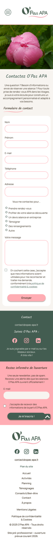 Aperçu mobile de la page contact du site O’Pas APA, avec le formulaire, les options de prise de contact et les informations pratiques.