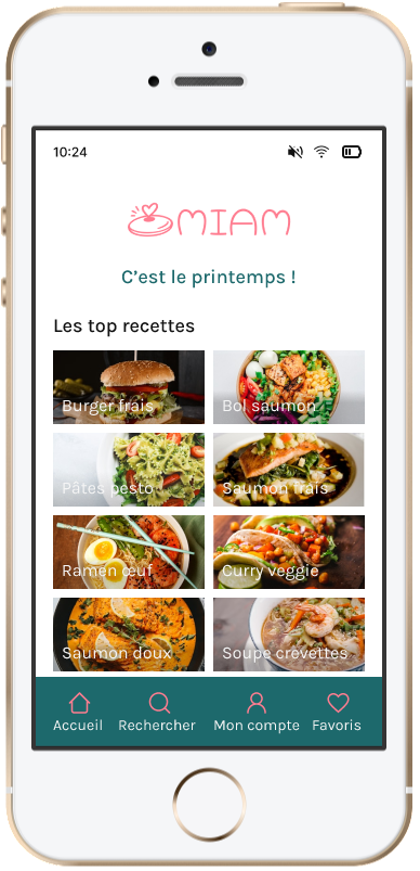 Mockup de l’application Miam affiché sur un smartphone, montrant l’écran d’accueil avec les recettes populaires et la navigation en bas de l’interface.