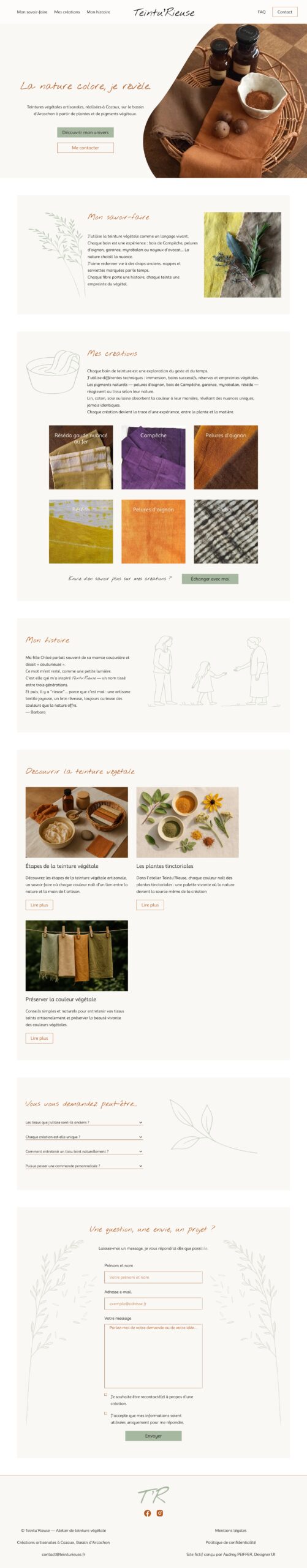 Aperçu de la maquette desktop du site Teintu’Rieuse, présentant la page d’accueil : hero, savoir-faire, créations, articles, FAQ et formulaire de contact.