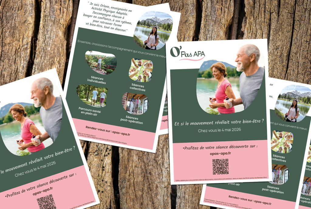 Flyer O’Pas APA présentant les séances individuelles, collectives, parcours santé en plein air et séances post-opération, avec visuels et QR code d’inscription.
