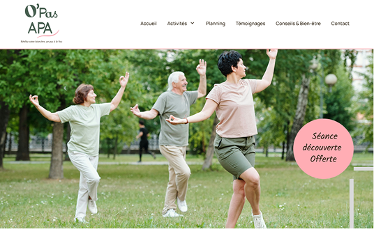 Aperçu du site O’Pas APA, conçu par NUA Webdesign : site vitrine et identité visuelle pour une enseignante en activité physique adaptée. créations portfolio webdesigner
