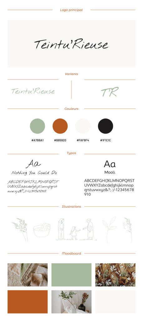 Charte graphique Teintu’Rieuse avec logo, variantes, palette de couleurs, typographies, illustrations et moodboard naturels.projet Teintu’Rieuse identité visuelle