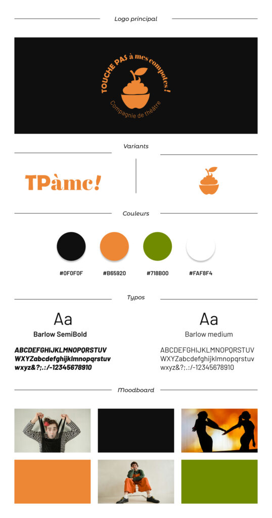 Charte graphique de la compagnie « Touche pas à mes Compotes » présentant le logo principal, les variantes, la palette de couleurs, les typographies Barlow et le moodboard artistique.
