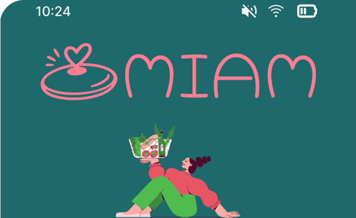 Logo MIAM et illustration d’une femme portant un panier d’ingrédients, concept d’application culinaire.