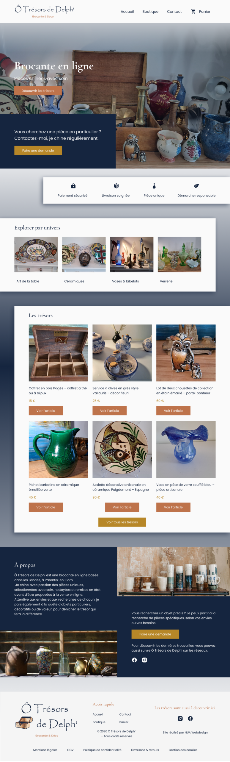 Page d’accueil du site e-commerce de brocante Ô Trésors de Delph présentant une sélection d’objets vintage, une navigation par univers et une boutique en ligne WordPress.
