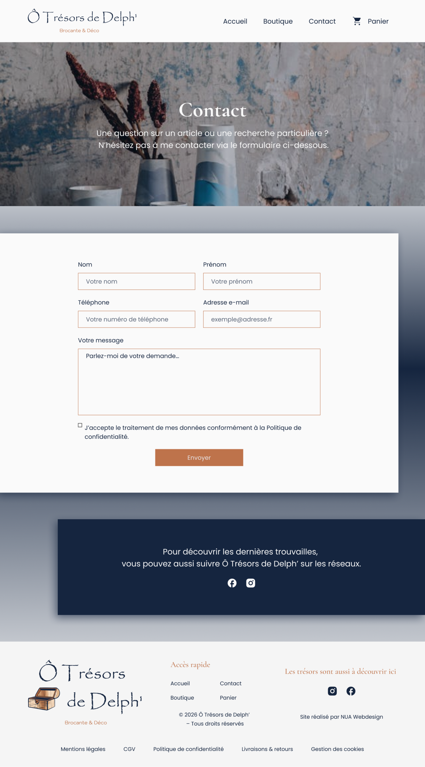 Page de contact du site e-commerce de brocante Ô Trésors de Delph avec formulaire permettant de poser une question ou de demander une recherche personnalisée.