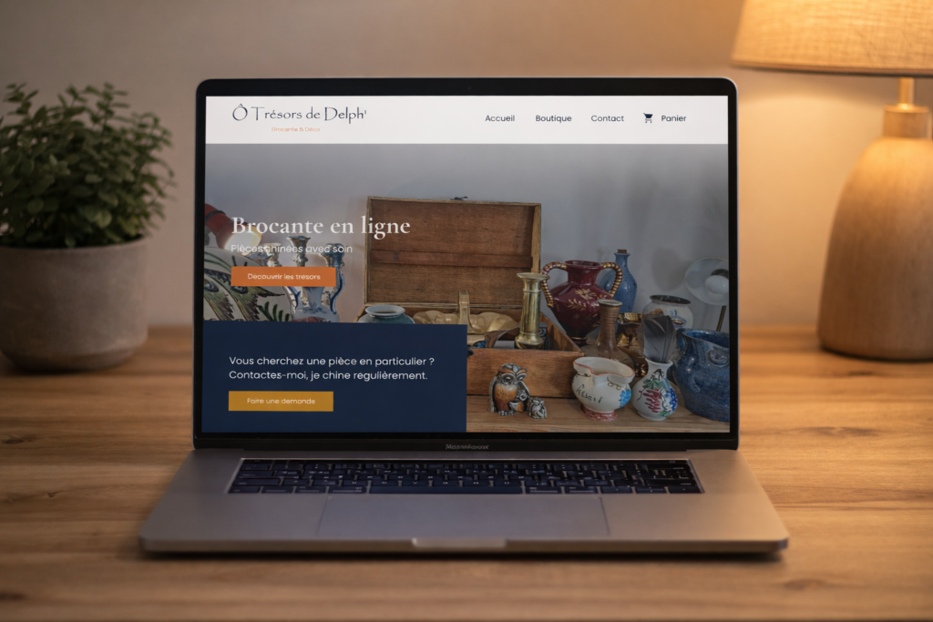 Site e-commerce de brocante Ô Trésors de Delph présentant une sélection d’objets anciens et de vaisselle vintage sur une boutique en ligne WordPress.