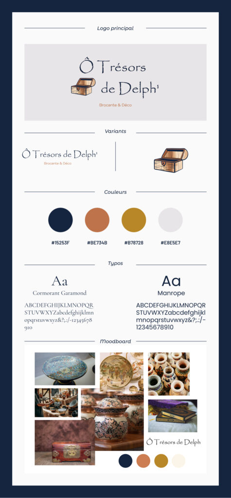 Mini charte graphique du site e-commerce de brocante Ô Trésors de Delph présentant le logo, la palette de couleurs, les typographies et le moodboard.