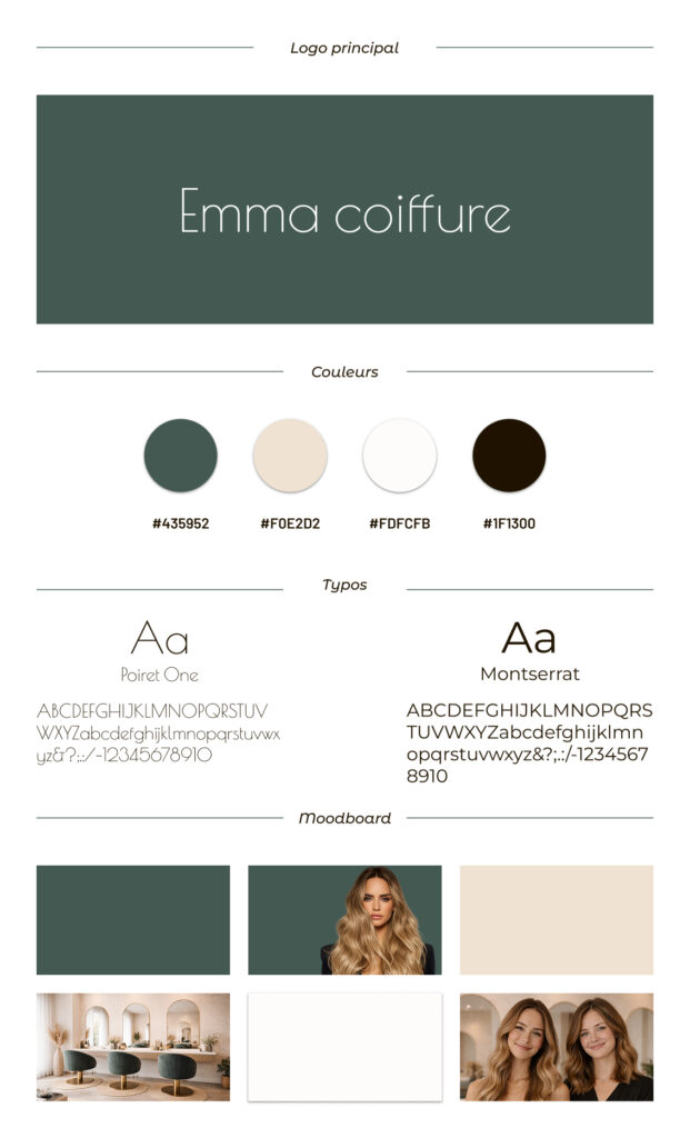 Mini charte graphique du site Emma Coiffure avec logo, palette de couleurs vert sauge et beige, typographies Poiret One et Montserrat et moodboard salon de coiffure