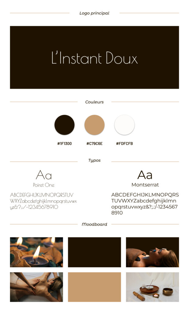 Charte graphique du site L’Instant Doux pour une masseuse à Gérardmer avec logo, palette de couleurs naturelles, typographies Poiret One et Montserrat et moodboard bien-être