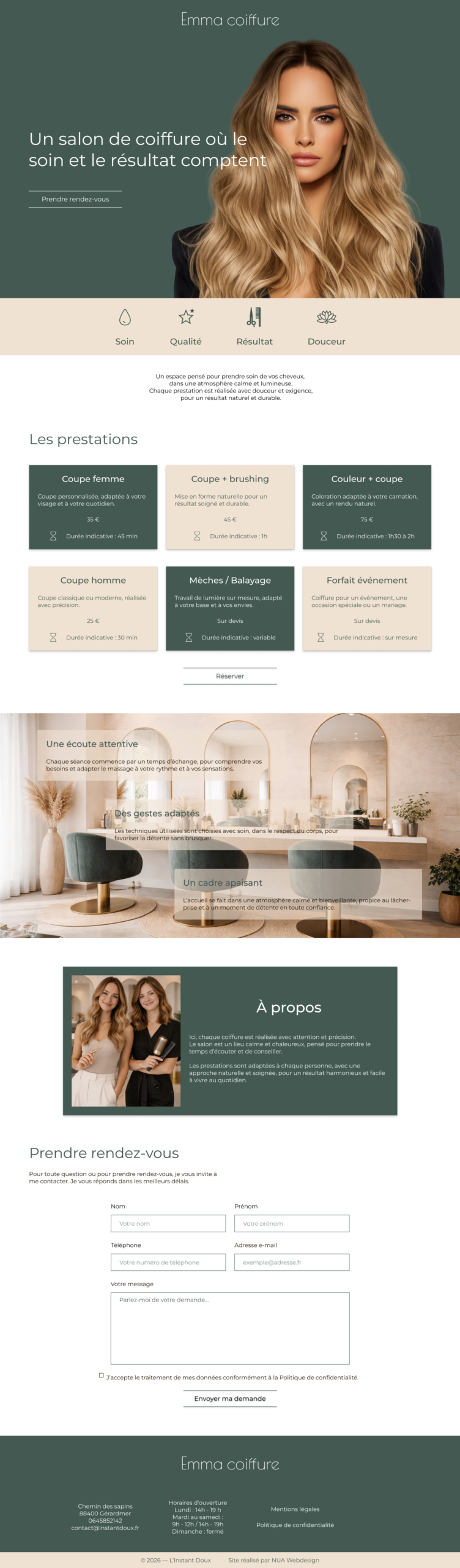 Maquette complète du site internet Emma Coiffure pour un salon de coiffure dans les Vosges avec prestations, présentation et formulaire de prise de rendez-vous