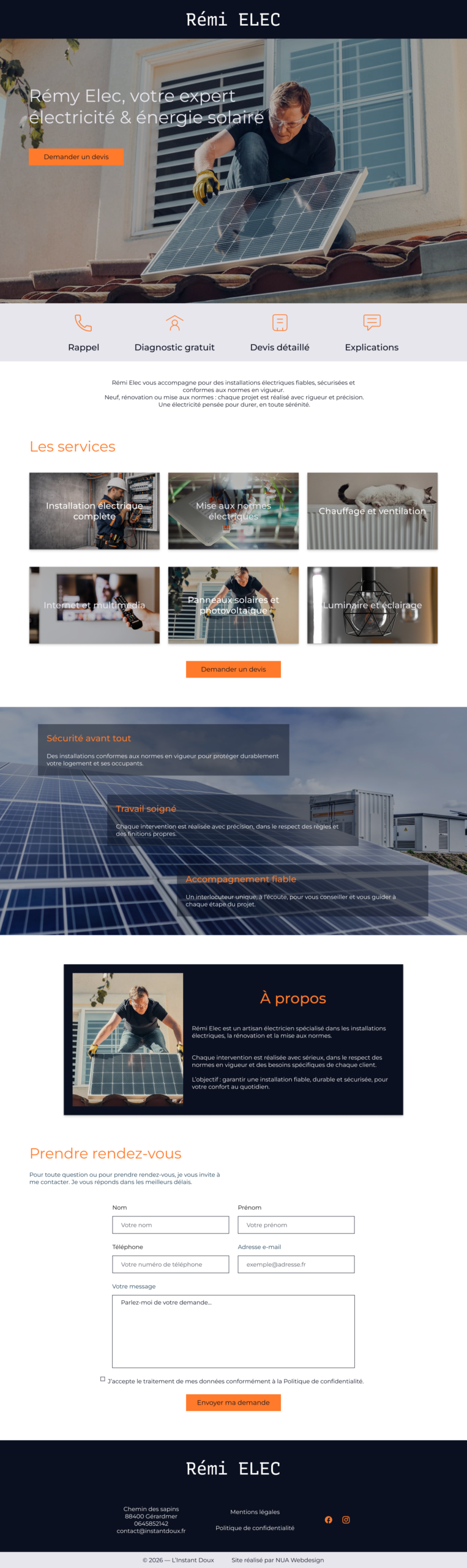 Maquette desktop du site Rémi Elec, électricien à Remiremont spécialisé en électricité et énergie solaire avec bouton demande de devis