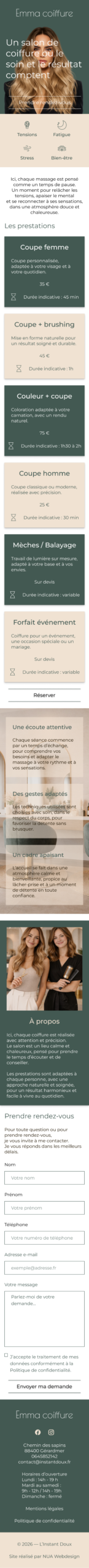 Version mobile du site Emma Coiffure pour un salon de coiffure dans les Vosges avec navigation fluide et prise de rendez-vous simplifiée