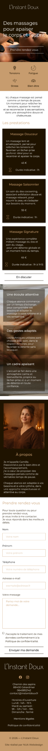 Version mobile du site internet L’Instant Doux pour une masseuse à Gérardmer avec navigation optimisée et prise de rendez-vous simplifiée