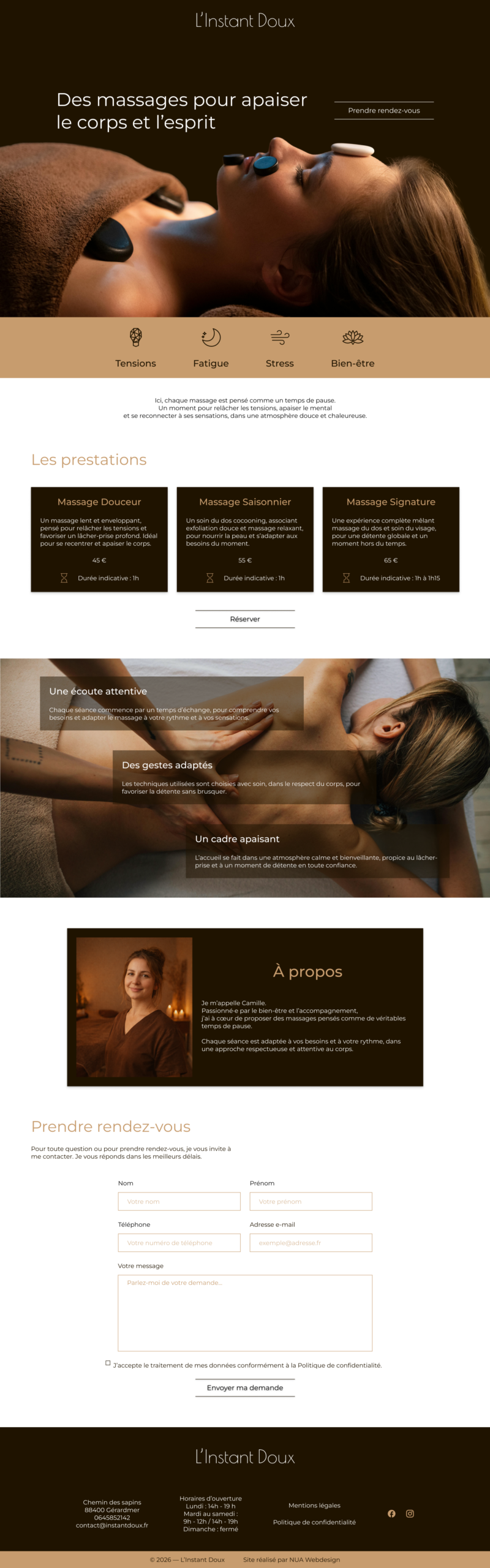 Maquette complète du site internet one page L’Instant Doux pour une masseuse à Gérardmer avec prestations, présentation, avis et formulaire de prise de rendez-vous
