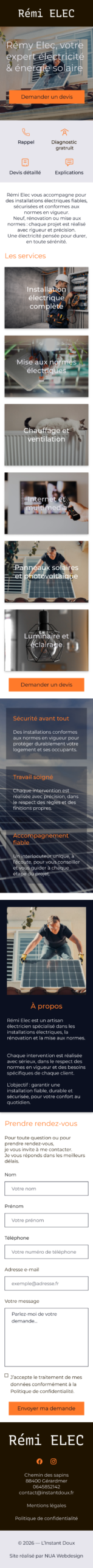 Version mobile du site Rémi Elec pour un électricien à Remiremont avec navigation optimisée et accès rapide au formulaire de devis