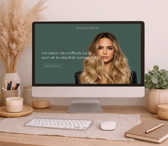 Mock-up du site internet Emma Coiffure pour un salon de coiffure dans les Vosges avec hero moderne et bouton de prise de rendez-vous