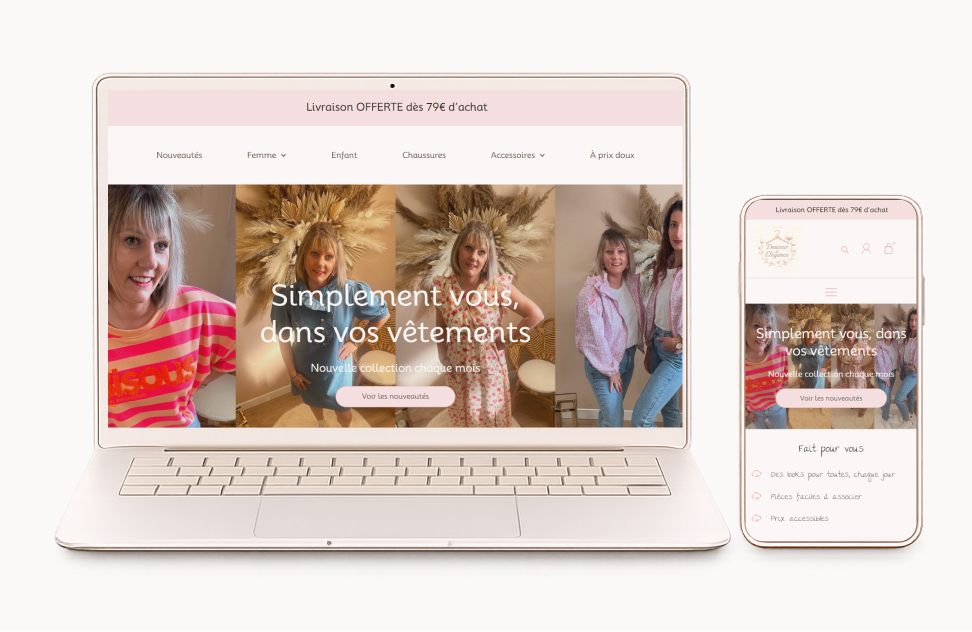 Maquette du site e-commerce Douceur & Élégance, boutique de prêt-à-porter féminin à Bruyères dans les Vosges, présentée sur ordinateur et mobile.