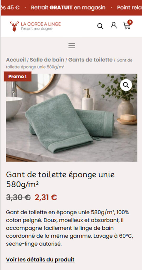 Fiche produit mobile de la refonte du site e-commerce La Corde à Linge à Gérardmer