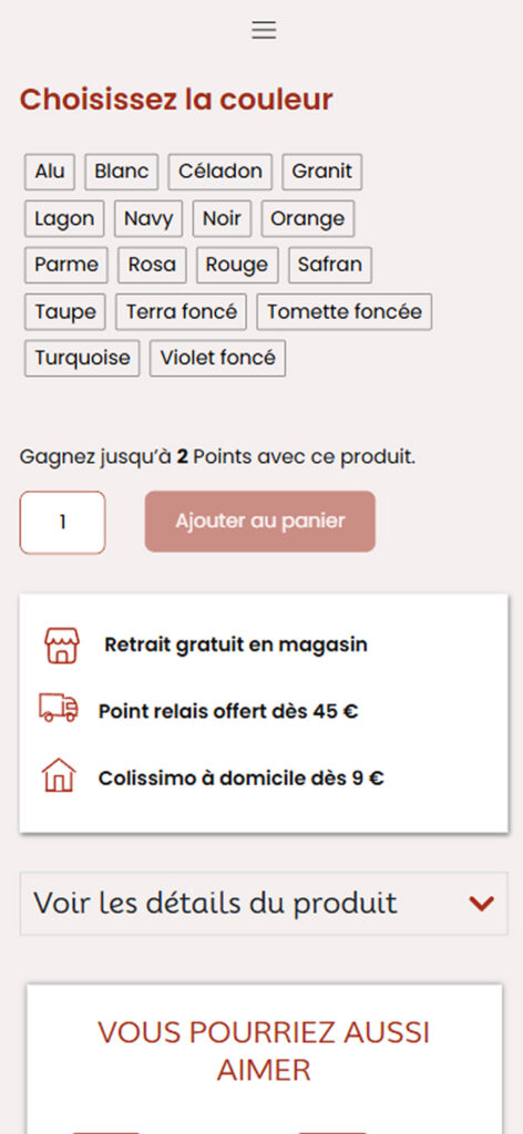 Sélection des variations de couleurs sur une fiche produit mobile La Corde à Linge
