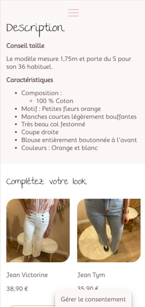 Exemple de fiche produit pour une boutique en ligne de prêt à porter femme