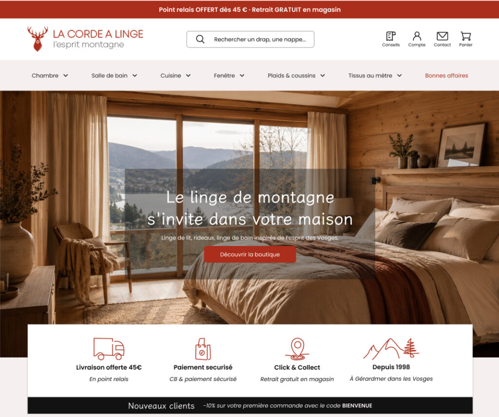 Maquette de la page d’accueil pour la refonte du site e-commerce La Corde à Linge à Gérardmer