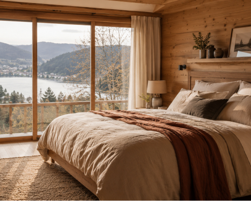 Chambre chaleureuse avec linge de lit et vue sur les montagnes de Gérardmer